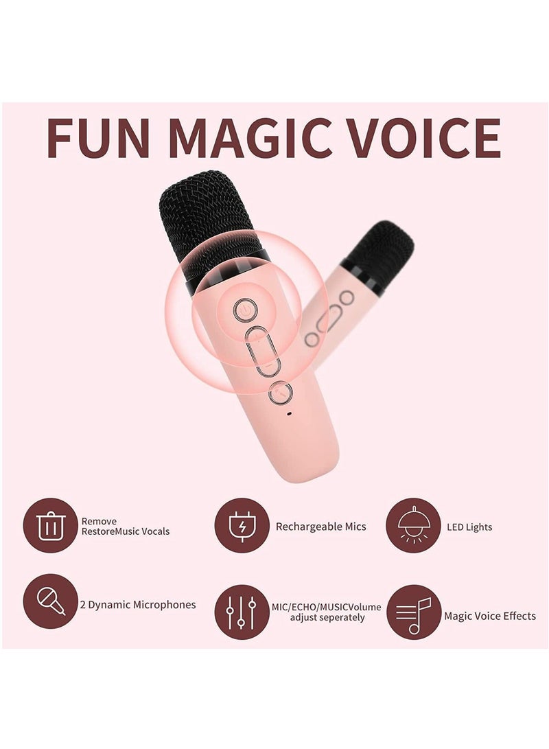Mini Karaoke Machine for Kids, Portable Bluetooth Speaker with 2 Wireless Microphone for Adults with Led Lights, Karaoke Gifts for Girls and Boys Birthday Home Party(Pink) - Image 5